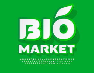 Vector fresh sign Bio Market. Creative Sticker Font. Modern Alphabet Letters, Numbers and Symbols