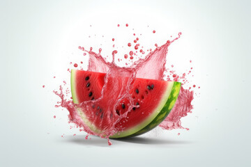 Ripe slice of watermelon and splashes of juice on a white background. AI generative.