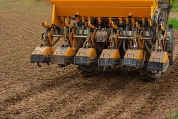 The field with sugar beet. Behind the tractor, the tiller is waiting to hoe the field.
