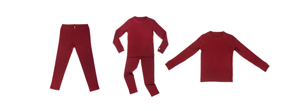 Burgundy children's knitted pajamas, thermal underwear, isolated set on white background