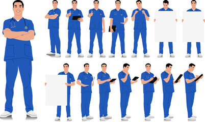 Hand-drawn healthcare worker. Happy smiling doctor with a stethoscope. Male nurse in blue uniform poses. Vector flat style illustration set isolated on white