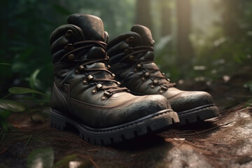 Hiking boots on a trail in the forest. hiking concept. AI generative, IA generativa.