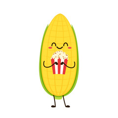 Corn and popcorn cartoon. Vector mascot, cartoon and illustration of a corn holding popcorn. Character design.