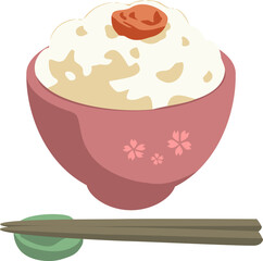 茶碗に盛られた白米・梅干し・箸（日本の伝統的な食べ物）