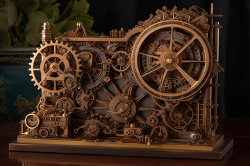 A whimsical steampunk-inspired scene that showcases intricate gears, vintage machinery, and a unique blend of Victorian-era and futuristic design elements.