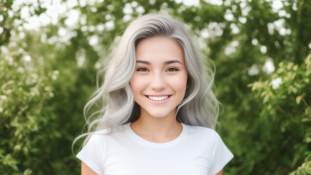 Happy woman with silver, long hair looking at camera. Blurred, green background with mockup. Generative AI.