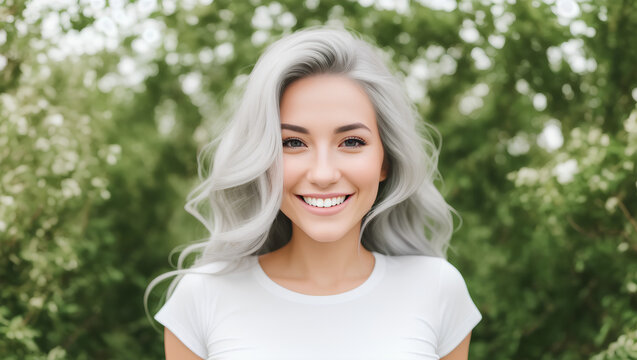 Joyful woman with silver, wavy hair on green blurred background with mockup. Generative AI.