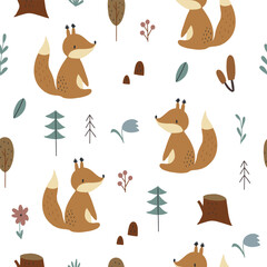 Cute forest pattern with a squirrel. Vector illustration in scandinavian style for nursery and textile decoration