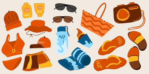 Summer and beach clip art set with cute illustrations for kids poster holiday vacation. Hand drawn of Sunglasses Sunscreen Hat cap towel Swimwear Bikini Short Pants Ice cream Water Flip flop sandals