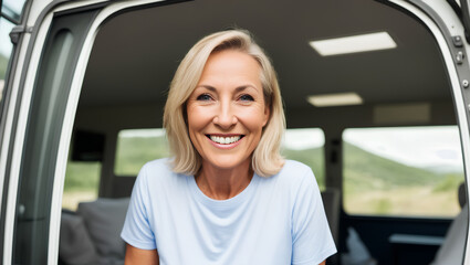 Adult woman with short, blond hair sitting in van. Blurred background with mockup. Generative AI.