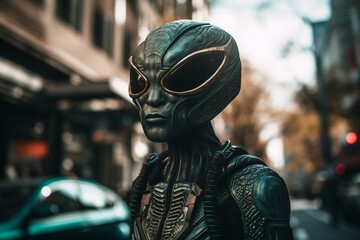An extraterrestrial with verdant complexion strolling through downtown streets embraced by music. Generative AI