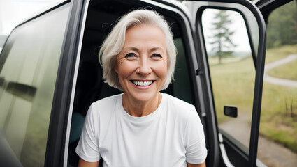 Portrait of smiling woman with silver hair. Blurred van background with mockup. Generative AI.