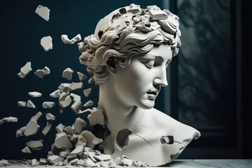 Broken ancient greek statue woman head falling in pieces. Broken marble sculpture, generative ai, cracking bust, concept of depression, memory loss, mentality loss or illness. Mental health. 