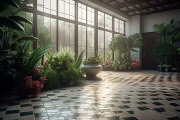 Misty indoor garden area with tiled flooring. Generative AI