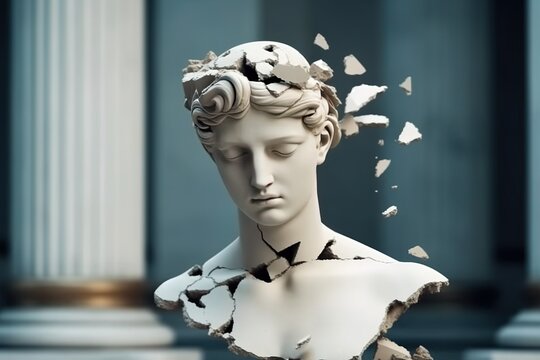 Broken ancient greek statue woman head falling in pieces. Broken marble sculpture, generative ai, cracking bust, concept of depression, memory loss, mentality loss or illness. Mental health. 