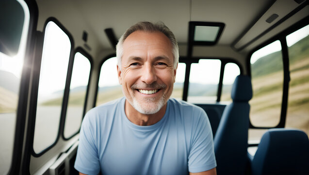 Happy male with silver hair and beard sitting in van. Blurry background with copy space. Generative AI.