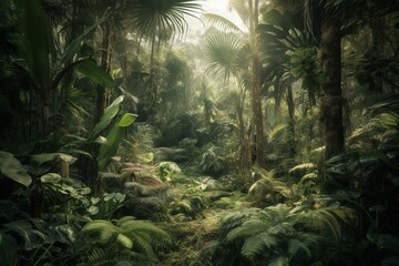Illustration of a lush jungle with palm trees and tropical plants in the summertime. Generative AI
