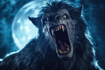Scary figure of a werewolf on a halloween theme against the background of the full moon, AI