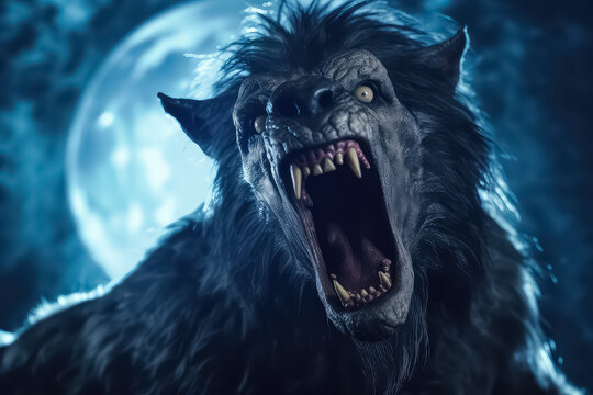 Scary figure of a werewolf on a halloween theme against the background of the full moon, AI