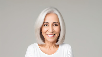 Portrait of Arabic woman with silver hair on natural background with mockup. Generative AI.
