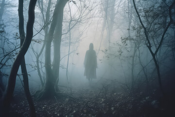 Ghost on a scary road in the forest. AI