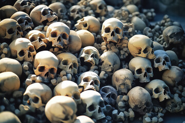 Obraz premium Collection of skulls and bones covered with cobwebs and dust in the catacombs , AI