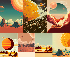 Space landscapes colorful set posters © DGIM studio