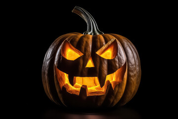 Close-up of a scary Halloween pumpkin with eyes glowing inside on a black background., AI