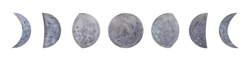 Watercolor moon phases.Cosmic aquarelle element isolated on white background.