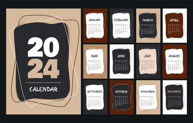 Calendar 2024 template, brown, beige, white and black desk calendar design. Week start On Monday, planner, stationery, wall calendar. Vector illustration