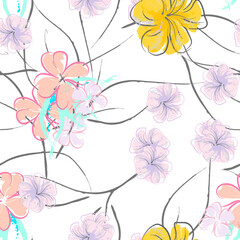 Fototapeta na wymiar Pink Flowers Blooming Pattern. Pastel Watercolor.