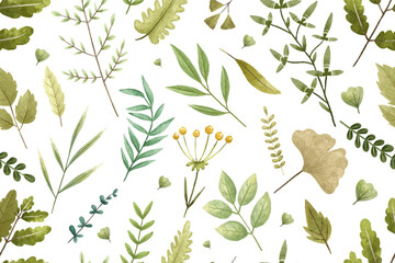 botanical seamless pattern with branches, leaves, herbs, illustration
