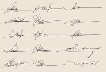 Hand written signature. Different example signatures isolated in white background. Vector illustration set of hand drawn name imprint