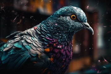 Abstract painted portrait of a pigeon. Generative AI
