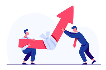 Leader stop financial crisis concept. Businesspeople holding upward financial arrow up to growth.