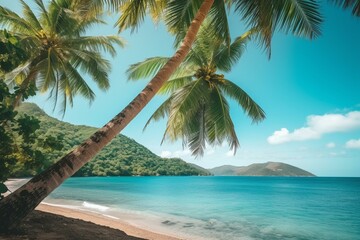 Plakat Tropical beach scenery - palm trees, blue skies, ocean with turquoise waters, and mountains in the background. Summertime vibes. Generative AI