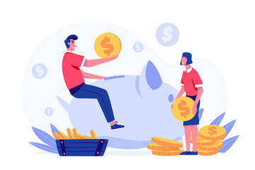 A little family has a father and mother helping to save money in a piggy bank to fund their business.