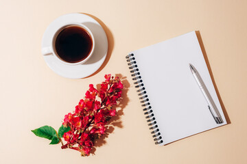 Blank notepad, pen, coffee cup and Aesculus Carnea flower on light beige table with sharp shadows. Holiday concept. Top view, flat lay, mockup