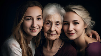 Portrait of grandmother, mother and daughter smiling and looking at camera. Isolated background with copy space. Generative AI.