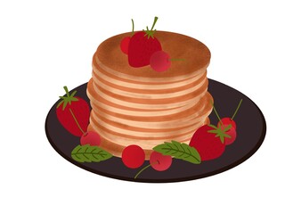 Pancakes decorated with cherries and strawberries on a plate. on a white background.