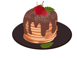 Pancake with chocolate glaze Decorate with cherries and strawberries. on a white background.