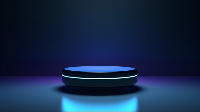 Sleek product showcase mockup, minimalistic stage podium. High-tech ambiance. Dominated by dark blue hues, enhanced with striking neon light accent. Generative AI
