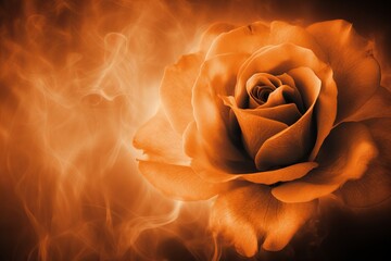 Swirling orange smoke roses on black background from generative ai