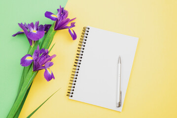 Purple iris flowers and blank notepad with pen on yellow and green background. Top view, flat lay, mockup