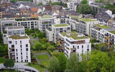 Green roofs with succulents and other plants on the roofs of residential buildings in Cologne, North Rhine-Westphalia, Germany.