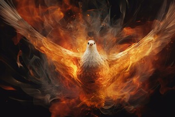 Spiritual artwork featuring Pentecost symbol of dove and flames in modern abstract style with no reference image. Generative AI