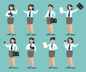 Cartoon vector illustration student or pupil characters in various poses and paper or briefcase for graphic designer