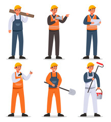 Team of builders and contractor industrial workers standing together in job site.