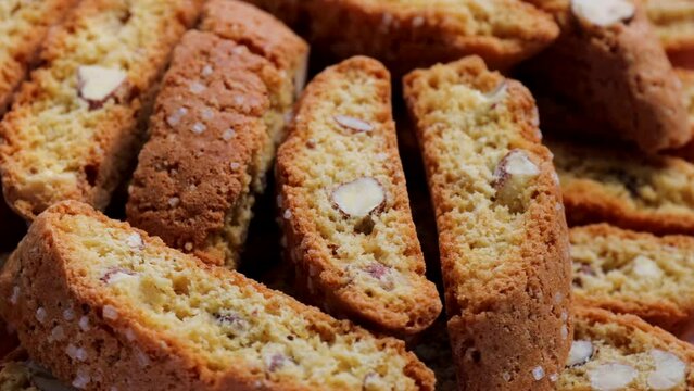 Italian traditional cantucci cookies with almonds, rotation in circle. cantucci Turning. selective focus