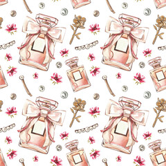 Seamless pattern golden glass perfume bottle with silk bow, flowers isolated on white. Watercolor hand draw illustration
